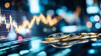 Fototapete - A close up of shiny gold coins lying on a digital financial graph representing cryptocurrency trading : Generative AI