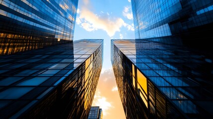 Poster - Stunning view of modern business buildings mirrored against a vibrant sunset sky : Generative AI