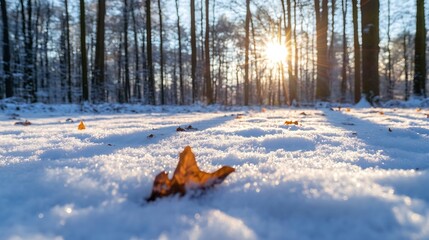Aufkleber - Charming winter landscape with delicate fallen leaves on fresh snow beneath the soft golden rays of morning sunlight : Generative AI