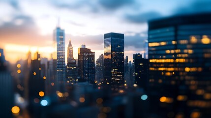 Poster - Breathtaking view of a city skyline during sunset with a beautiful softfocus effect : Generative AI