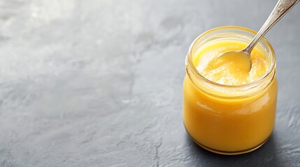 Poster - Delicious Jar of Honey with Spoon Captured on Rustic Surface Ready for Use : Generative AI