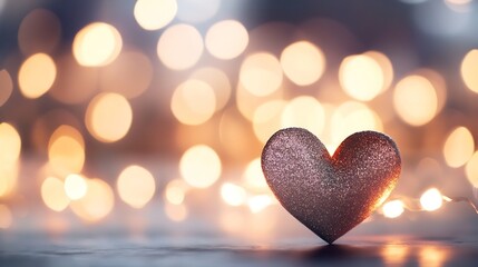 Fototapete - Glittery Pink Heart with Warm Bokeh Lights in a Soft Background : Generative AI
