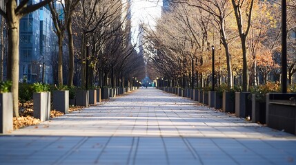 Poster - TreeLined Pathway During Autumn with Fallen Leaves and Urban Texture : Generative AI