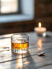 Poster - Warm whiskey glass with candlelight creating a cozy atmosphere on a wooden table : Generative AI