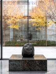 Aufkleber - Artistic stone sculpture elegantly displayed in a modern glass building with autumn trees : Generative AI