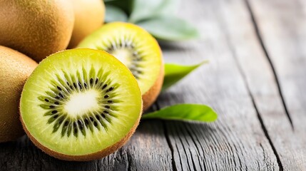 Poster - Fresh green kiwi fruit cut in half showcasing its vibrant interior and seeds on rustic wooden surface : Generative AI