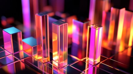 Poster - A close-up of a D bar chart showing business growth and financial trends, with a dark gradient background and reflective surfaces for a sleek look.