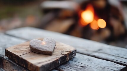 Aufkleber - Heart shaped stone candle holder on a rustic wooden table near a glowing campfire : Generative AI