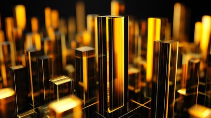 Aufkleber - A close-up of a high-tech D bar chart, featuring glossy bars in different heights and glowing accents on a sleek, modern surface.