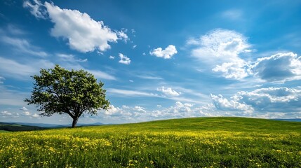 Wall Mural - Solitary tree on a green hill under a bright blue sky filled with fluffy white clouds : Generative AI