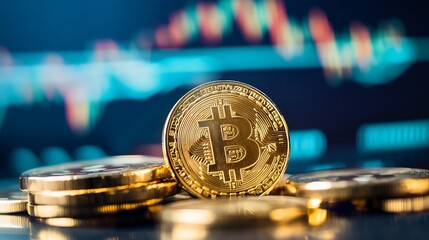 Leinwandbilder - Close up of shiny Bitcoin coins stacked on a blurred background of cryptocurrency charts and data : Generative AI