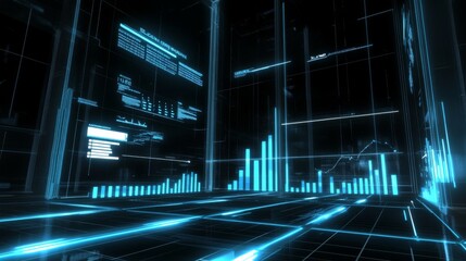 Poster - A dynamic D financial bar chart with glowing lines and a digital interface, showing key business metrics in a high-tech environment.