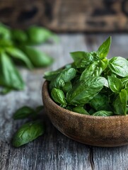 Poster - Fresh aromatic basil leaves neatly presented in a rustic wooden bowl on a weathered table : Generative AI