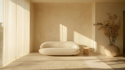 Aufkleber - A minimalist white sofa set against a neutral backdrop, complemented by a soft rug and artistic decor, creating a serene and inviting space for relaxation.