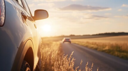 Aufkleber - Stylish car on a country road captured during sunset highlighting nature and freedom : Generative AI