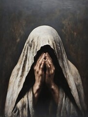 Poster - Dramatic Painting of a Mysterious Figure Shrouded in Cloth with Hands Concealing Face : Generative AI