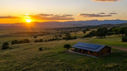 Aufkleber - Stunning sunset view over a vibrant green valley with a solar paneled cabin : Generative AI