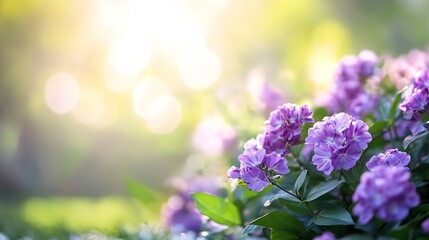 Fototapete - Beautiful vibrant purple flowers blooming in lush garden illuminated by warm sunlight : Generative AI