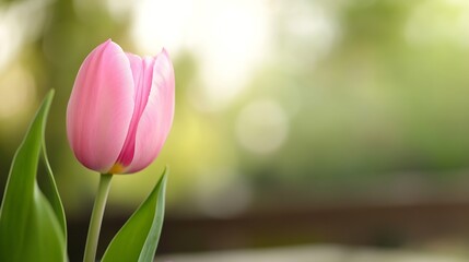 Poster - Beautiful single pink tulip flower against a blurred green background in soft sunlight : Generative AI