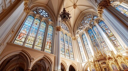 Poster - Elegant church interior showcasing stunning stained glass windows and intricate architectural details illuminated by sunlight : Generative AI