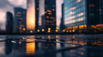 Poster - Urban skyline captured at dusk with glowing lights reflecting on wet pavement : Generative AI