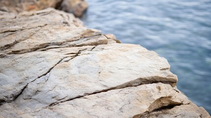 Poster - Textured closeup of a weathered rock surface beside a shimmering body of water : Generative AI