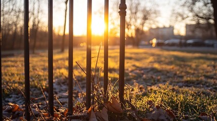 Poster - Sunshine filtering through iron fence onto frozen grass creating a tranquil moment in a city park : Generative AI