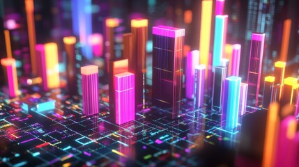 Poster - Close-up of a colorful business graph with bars and lines, displaying financial growth and market trends, with soft lighting highlighting the data.