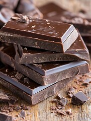 Aufkleber - Luscious stacked dark chocolate bars ready for indulgence on a rustic wooden surface : Generative AI