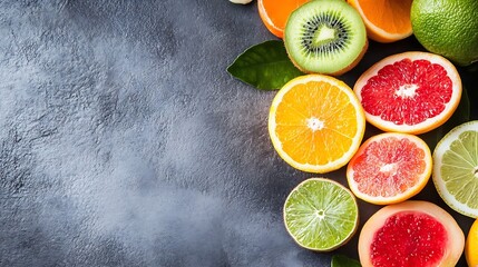 Poster - A vibrant display of fresh citrus fruits arranged on a textured gray surface with green leaves for a healthy lifestyle : Generative AI
