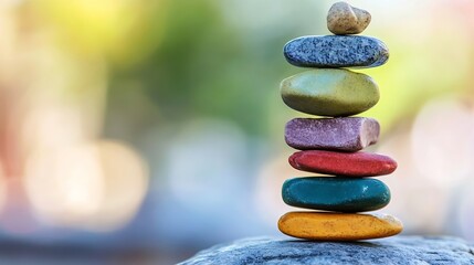 Poster - Colorful stacked stones symbolizing balance and tranquility over a blurred background : Generative AI