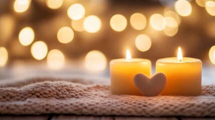 Leinwandbilder - Gorgeous candles glowing softly with heart shaped decoration and blurred lights in a cozy romantic setting : Generative AI
