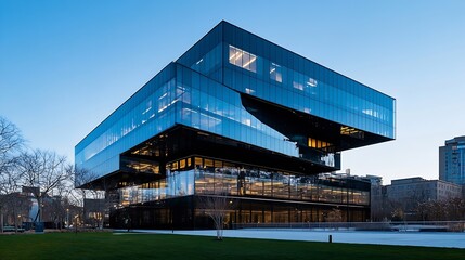 Leinwandbilder - Stunning contemporary architecture of a glass building with dynamic shapes and clear reflections at dusk : Generative AI