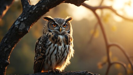 Aufkleber - An owl perched on a nearby branch, soft dramatic light