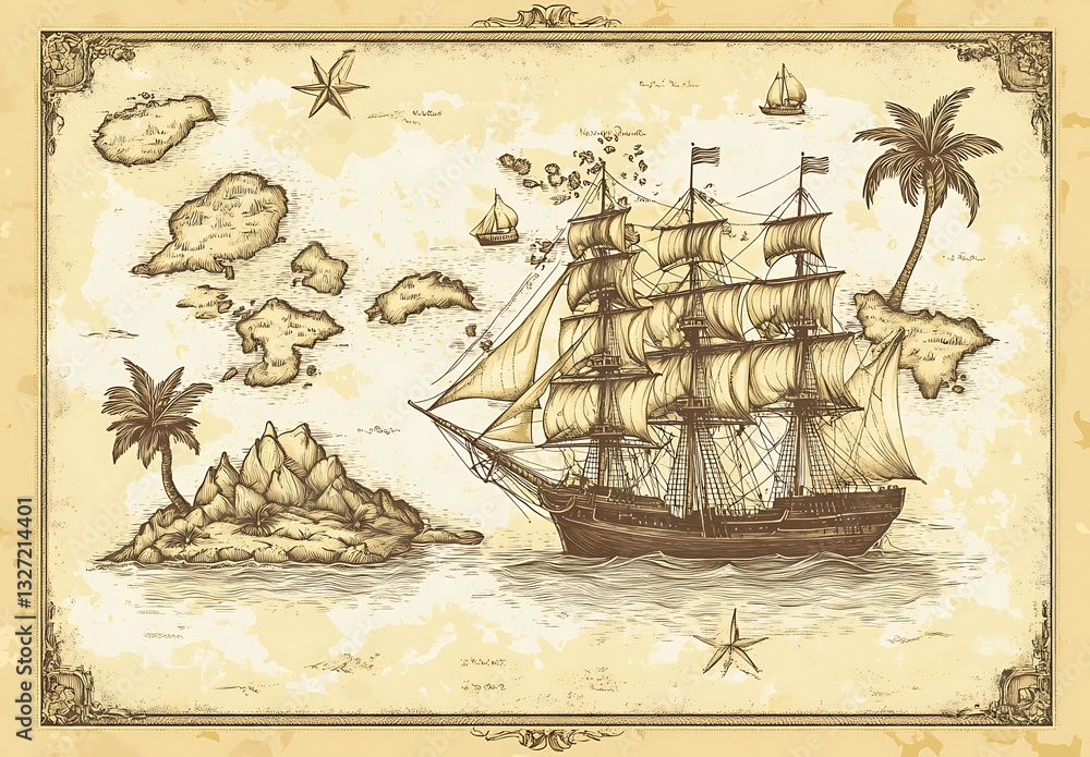 Vintage Pirate Map of the Caribbean with Ship and Islands Stock ...