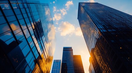 Aufkleber - Architectural marvels reflected in glass buildings against a colorful sky at sunset : Generative AI
