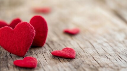 Poster - Beautifully crafted red felt hearts on a wooden surface for romantic decor and celebration : Generative AI