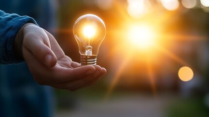 Poster - A person holding a glowing light bulb symbolizing innovative ideas and sustainable energy : Generative AI