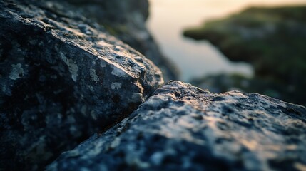 Aufkleber - Close up of textured natural stones with evening sunlight reflecting on a calm body of water nearby : Generative AI