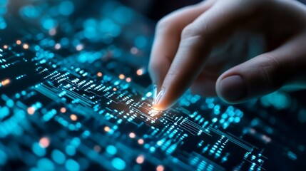 Leinwandbilder - Close up of a hand interacting with cuttingedge technology featuring glowing circuits and digital interface showcasing modern innovations : Generative AI