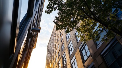 Aufkleber - Stunning view of modern architecture with sunlight filtering through buildings : Generative AI
