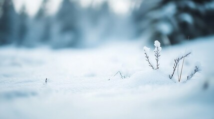 Aufkleber - Close up of delicate frostcovered grass and plants blanketed by fresh snow in a serene winter scene : Generative AI