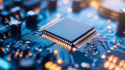 Fototapete - Closeup view of a microchip on a circuit board with glowing electronics and intricate details : Generative AI