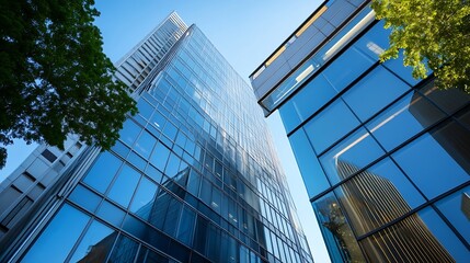 Aufkleber - Modern glass buildings towering over the urban landscape reflecting blue sky and lush green trees : Generative AI