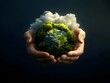 © Bos Amico - Hands gently cradling a lush verdant globe representing the health and sustainability of our planet delicate fingers cupping the vibrant orb with swirling clouds and lush vegetation