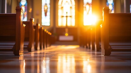 Aufkleber - A serene view of church pews illuminated by golden sunlight streaming through stained glass windows : Generative AI