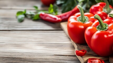 Poster - Fresh ripe red bell peppers and chili peppers on a rustic wooden table ready for cooking : Generative AI