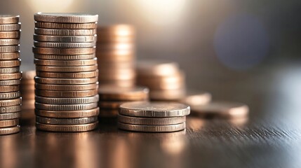 Poster - Stacks of coins on wooden surface creating a warm and inviting atmosphere for financial success and wealth management : Generative AI