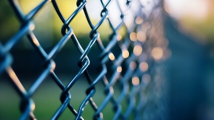 Fototapete - Closeup of a metallic chain link fence with beautiful bokeh and soft natural light in the background : Generative AI