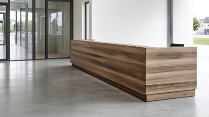 Poster - Sleek wooden reception desk in a modern office space with large glass windows : Generative AI